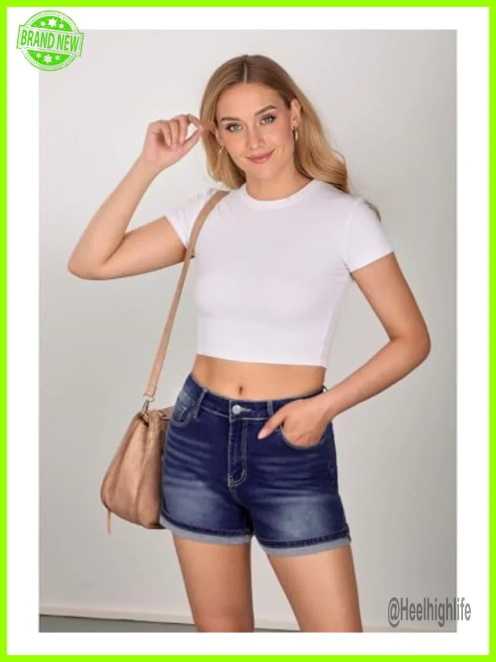 Mid Rise Stretch Denim Jean Shorts Women Casual Summer Fold Hem